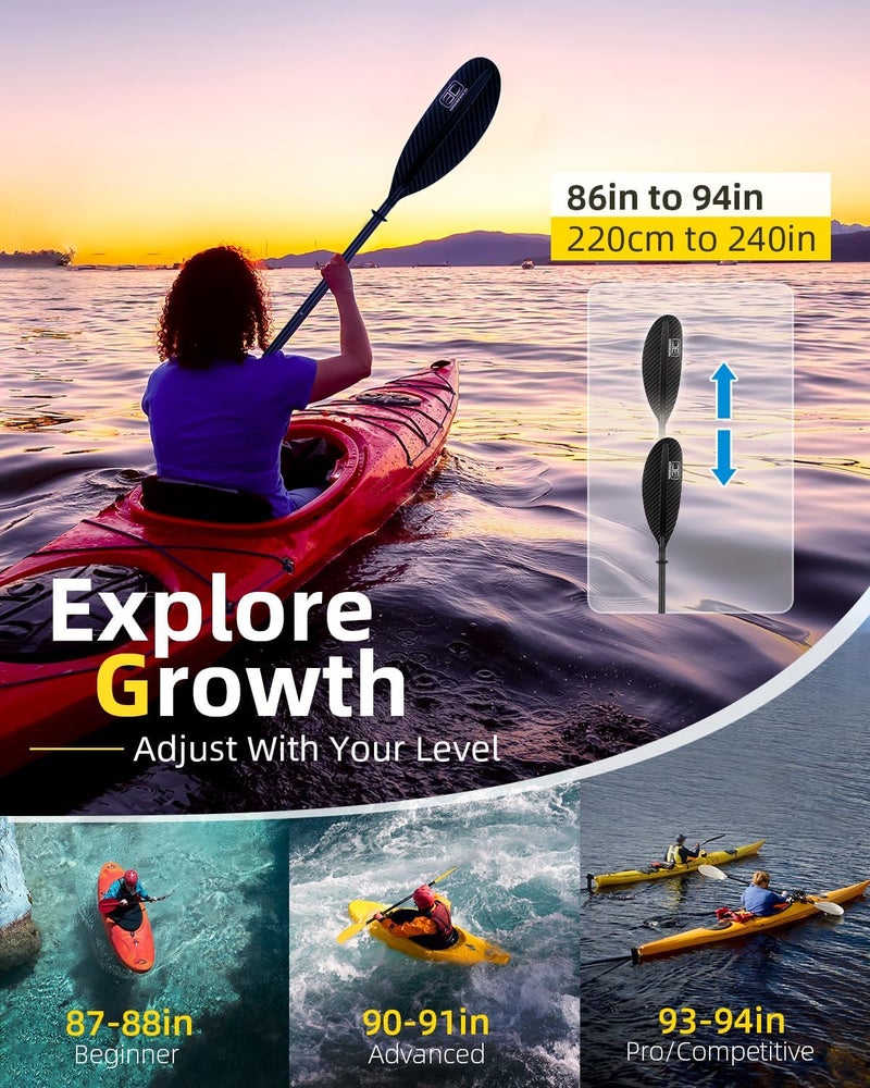 OCEANBROAD Adjustable Carbon Fiber Kayak Paddle 86in/220cm to 94in/240cm Kayaking Oar for Adults with Paddle Leash 1 Paddle - Image 2